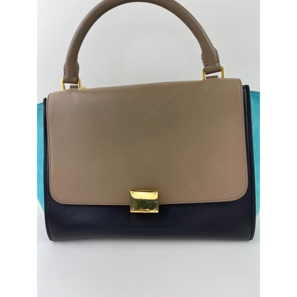 CELINE Trapeze Black Turquoise Teal Taupe Tricolor Leather 2 Handle Strap ITALY - Picture 2 of 16